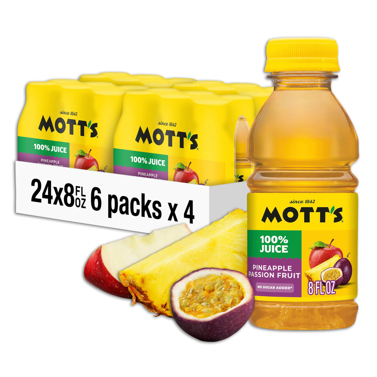 Mott’s Pineapple Passion Fruit Juice bottle being poured for a refreshing family drink
