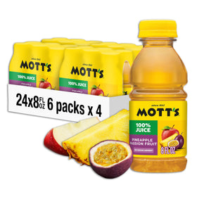 Mott’s Pineapple Passion Fruit Juice bottle being poured for a refreshing family drink