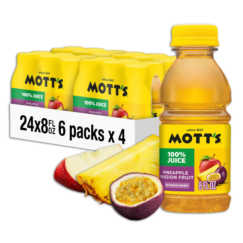 Mott’s Pineapple Passion Fruit Juice bottle being poured for a refreshing family drink