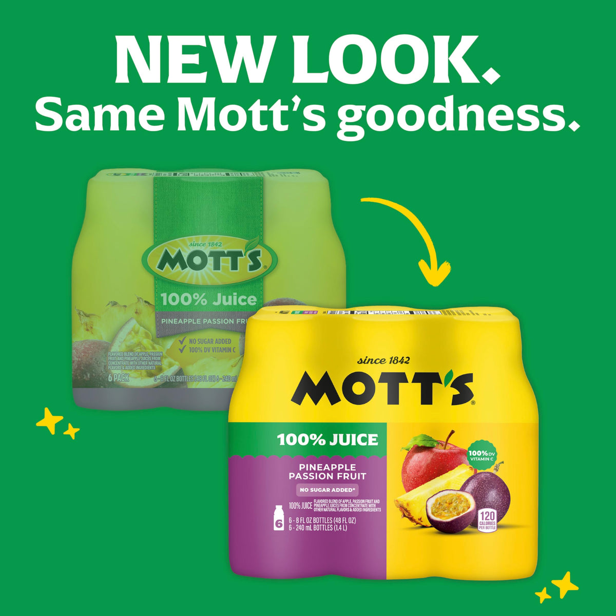 Mott’s Pineapple Passion Fruit Juice label closeup highlighting 100% juice