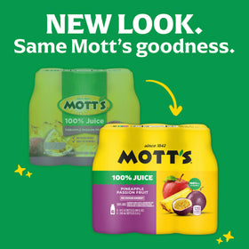 Mott’s Pineapple Passion Fruit Juice label closeup highlighting 100% juice