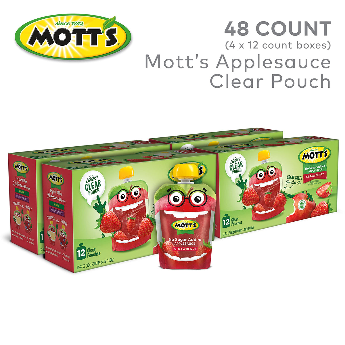 Mott's strawberry applesauce 3-2-oz clear pouch with bright swirl, kid-friendly flavor