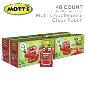 Mott's strawberry applesauce 3-2-oz clear pouch with bright swirl, kid-friendly flavor
