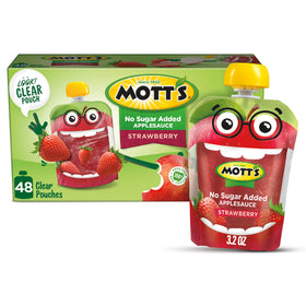 Mott's strawberry applesauce 3-2-oz clear pouch close-up for on-the-go snacking