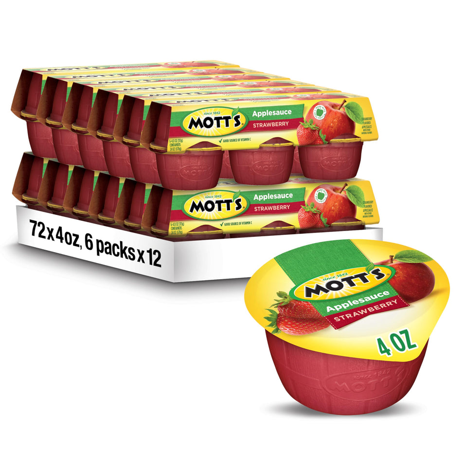 Motts Strawberry Applesauce 4 oz cup on a lunchbox, on-the-go snack with vitamin C