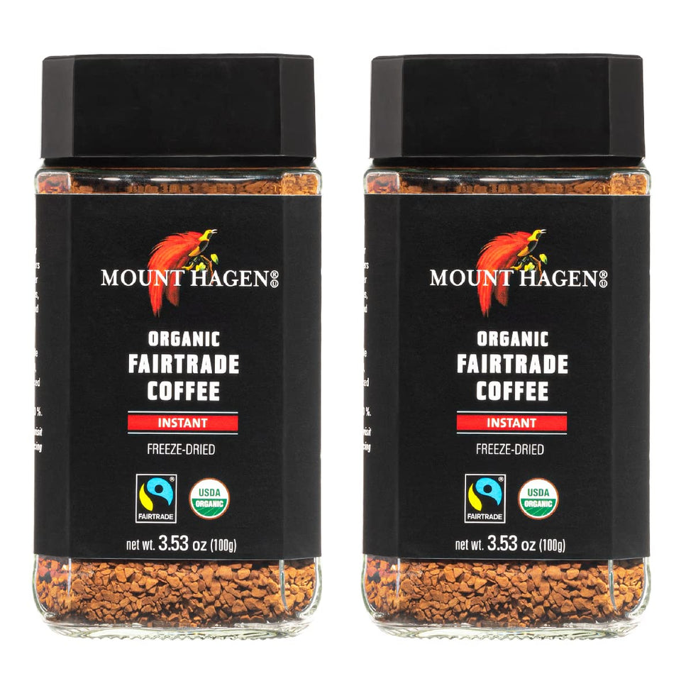 Mount Hagen 2-pack instant coffee jar close-up for quick premium flavor.
