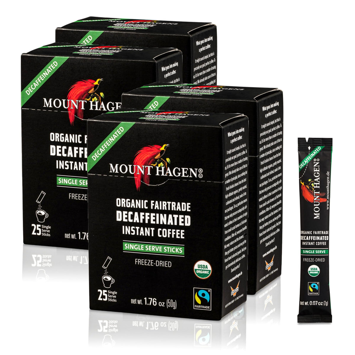 Mount Hagen decaf coffee packets inside box for easy storage and quick brewing.