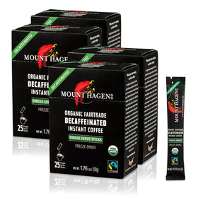 Mount Hagen decaf coffee packets inside box for easy storage and quick brewing.