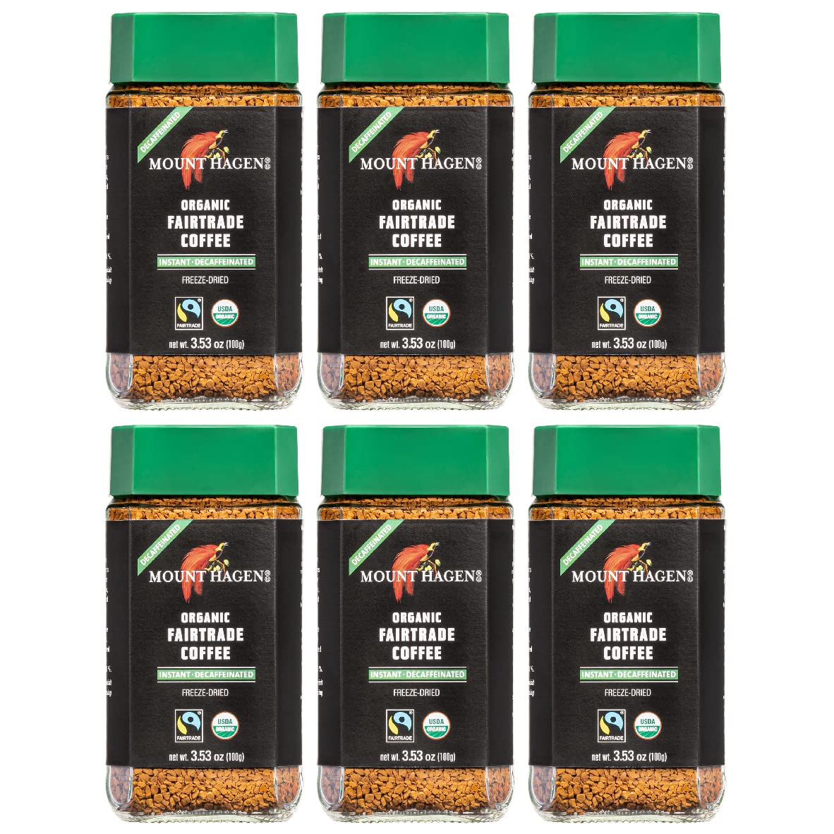 Mount Hagen decaf instant coffee jar showcases convenient six-pack for quick, caffeine-free wake-ups.