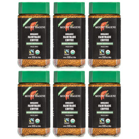 Mount Hagen decaf instant coffee jar showcases convenient six-pack for quick, caffeine-free wake-ups.