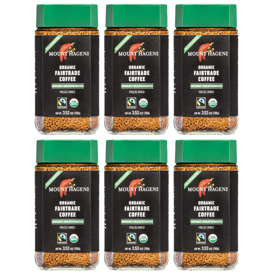 Mount Hagen decaf instant coffee jar showcases convenient six-pack for quick, caffeine-free wake-ups.