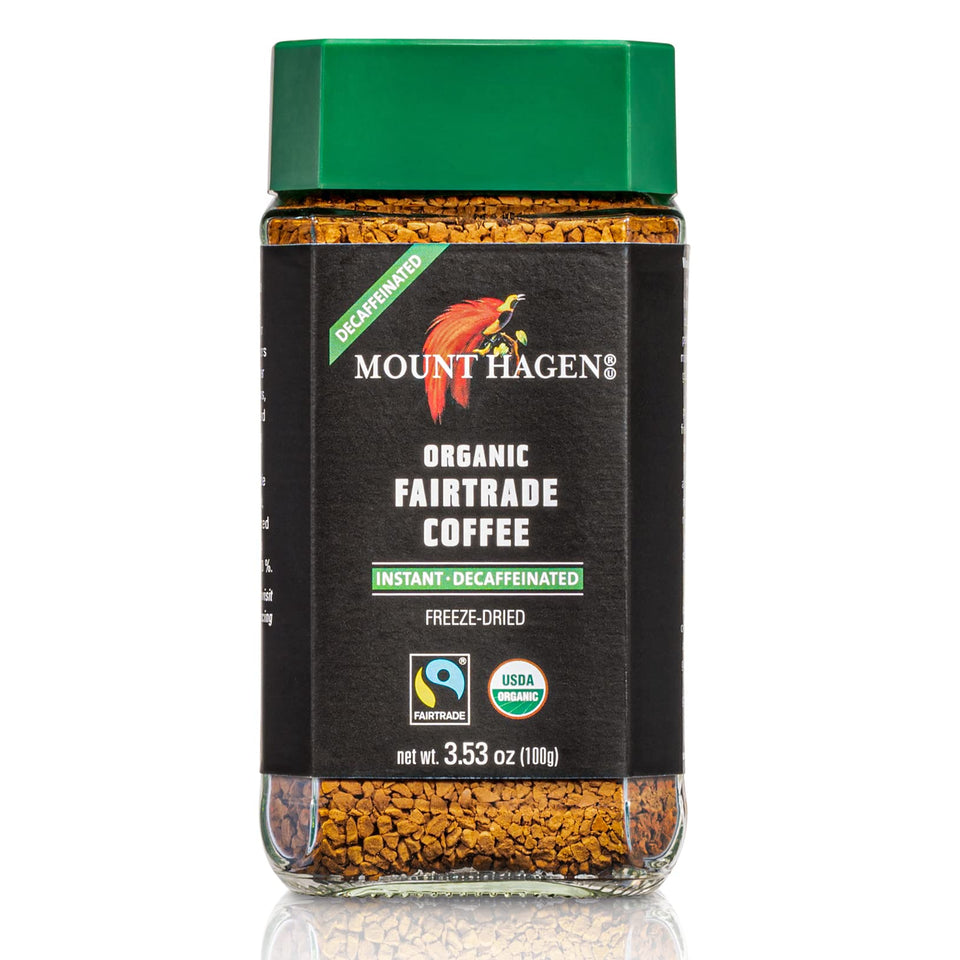 Mount Hagen decaf instant jar close-up shows rich freeze-dried granules for easy brewing
