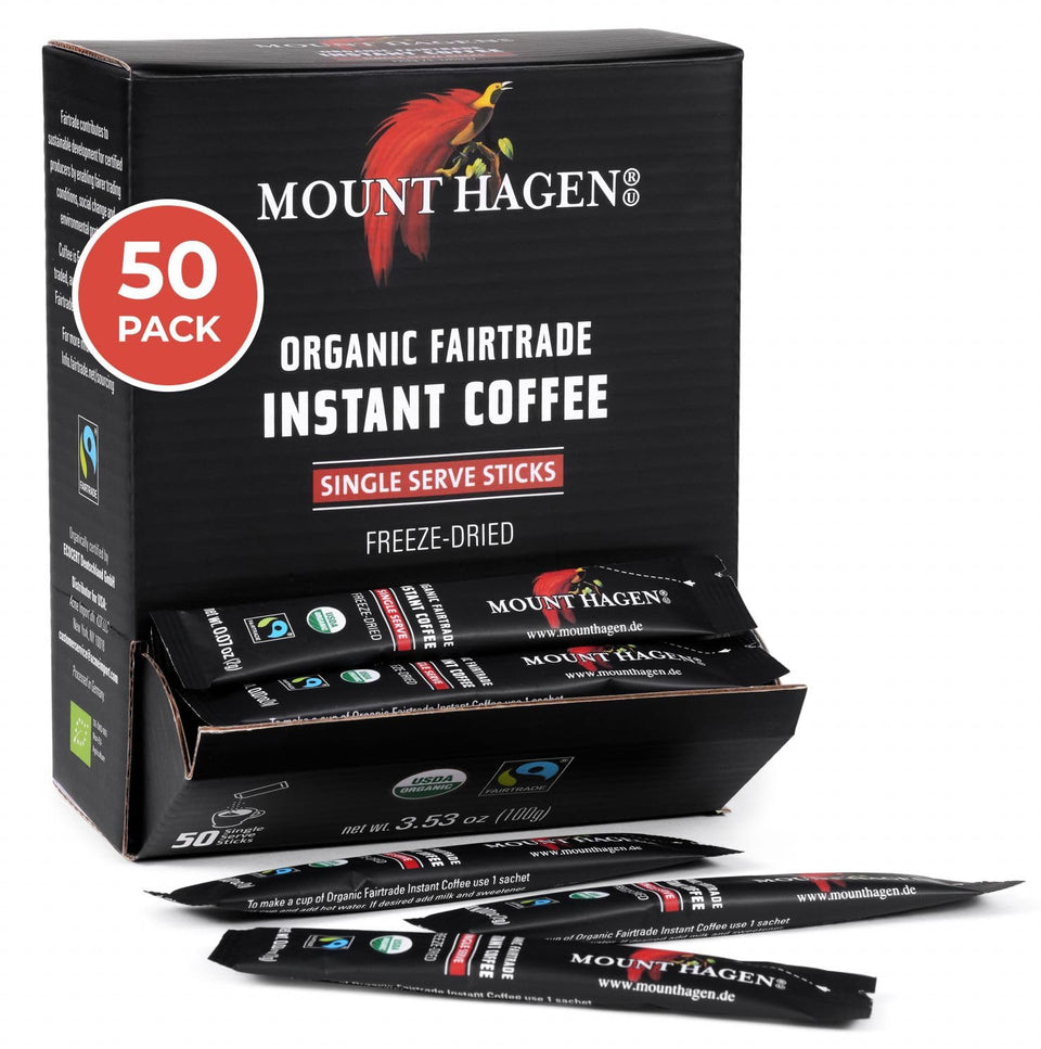 Mount Hagen dispenser box with 50 sticks, convenient single-serve coffee for on-the-go mornings.