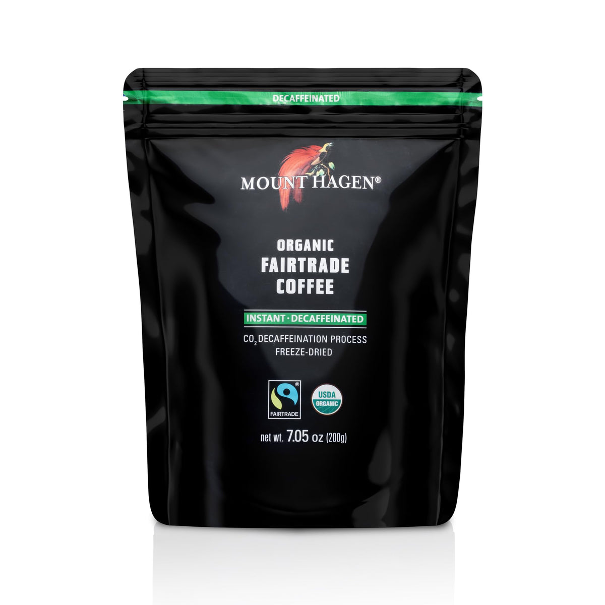 Mount Hagen freeze-dried decaf coffee in a bag with rich aroma.