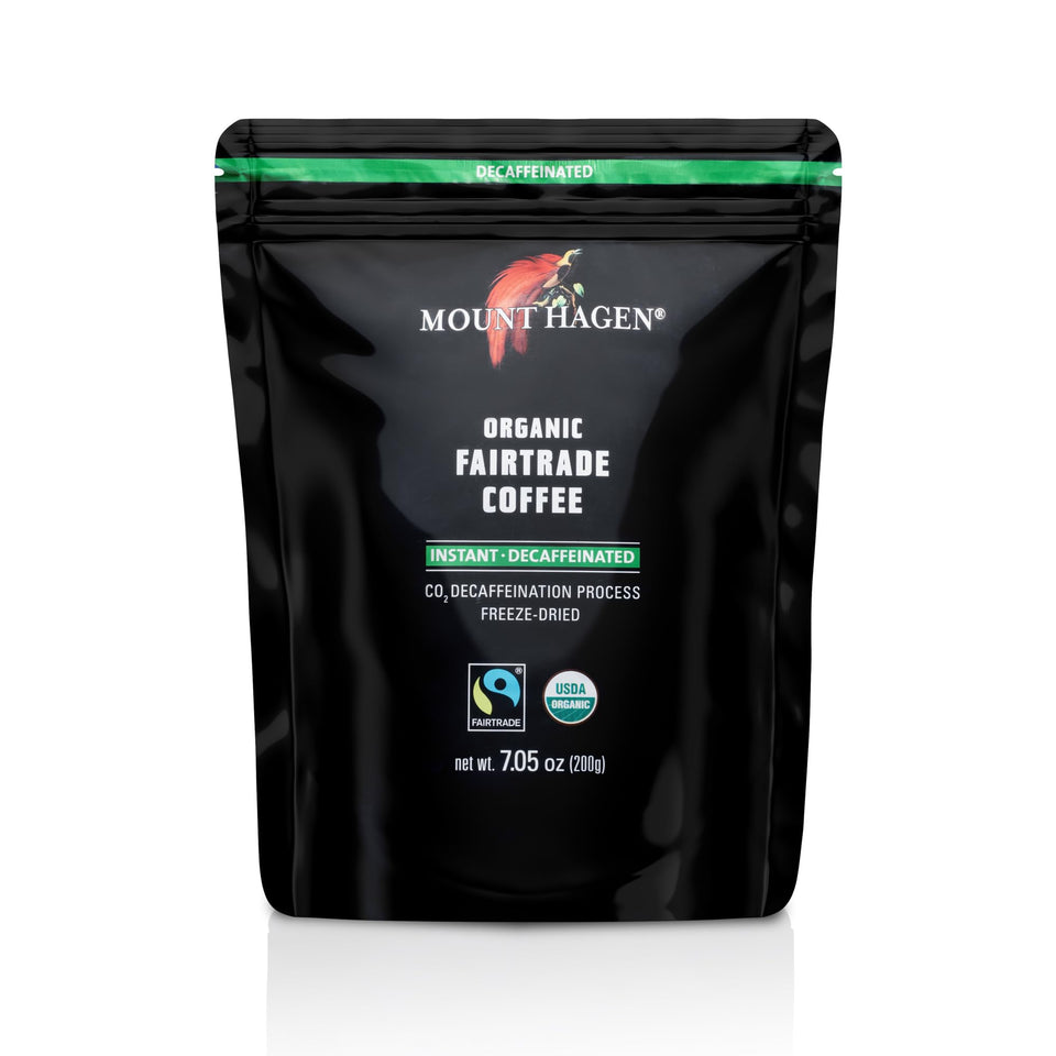 Mount Hagen freeze-dried decaf coffee in a bag with rich aroma.