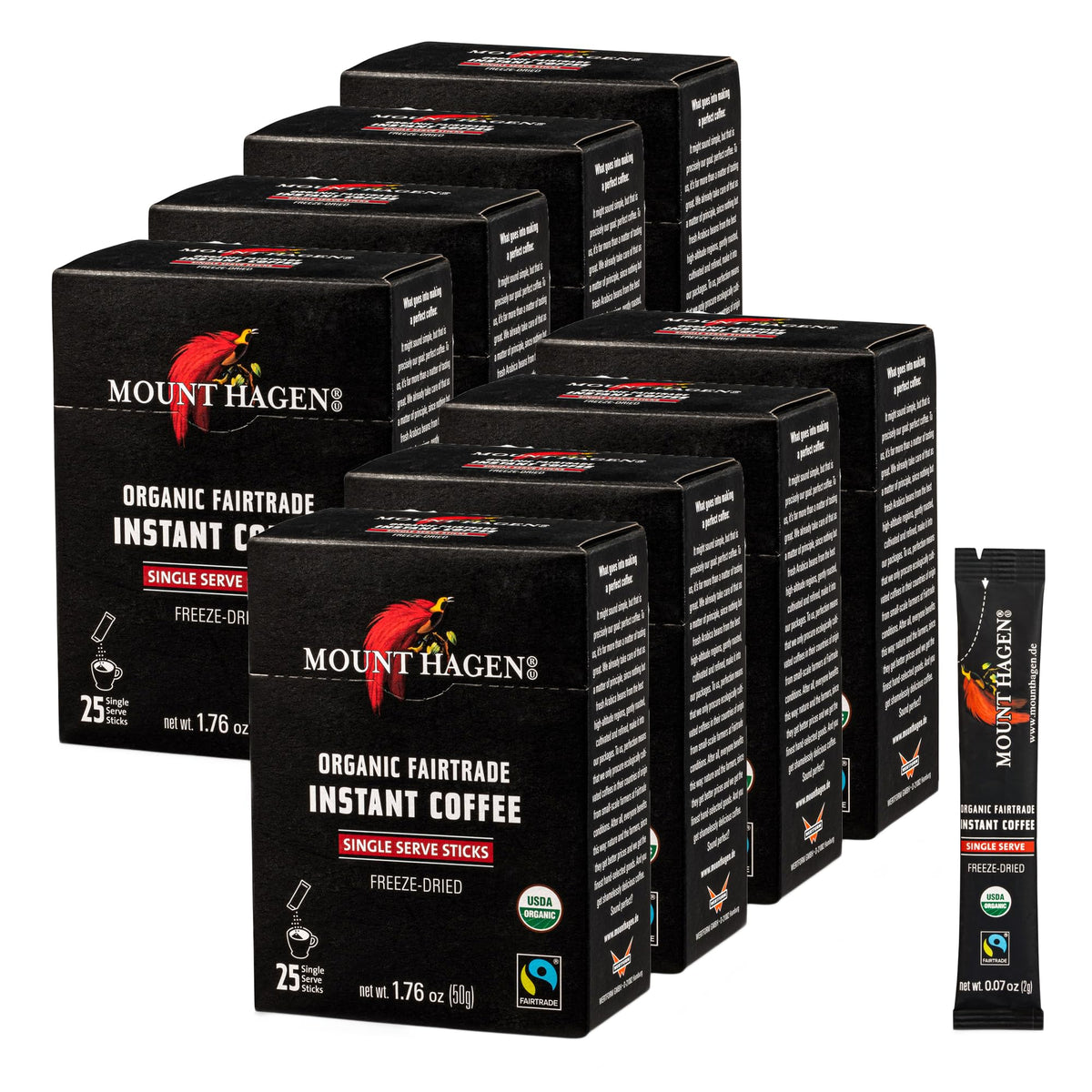 Mount Hagen instant coffee packets front view, convenient single-serve sticks.