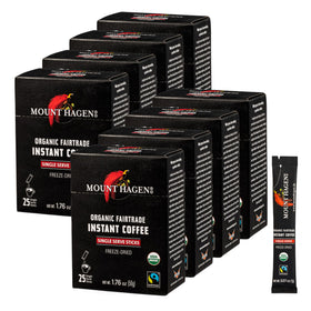 Mount Hagen instant coffee packets front view, convenient single-serve sticks.