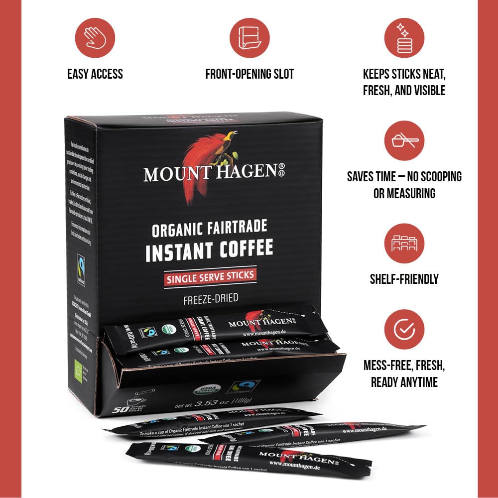Mount Hagen instant coffee stick dissolves easily in hot or cold water for fast flavor.