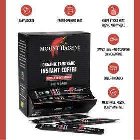 Mount Hagen instant coffee stick dissolves easily in hot or cold water for fast flavor.