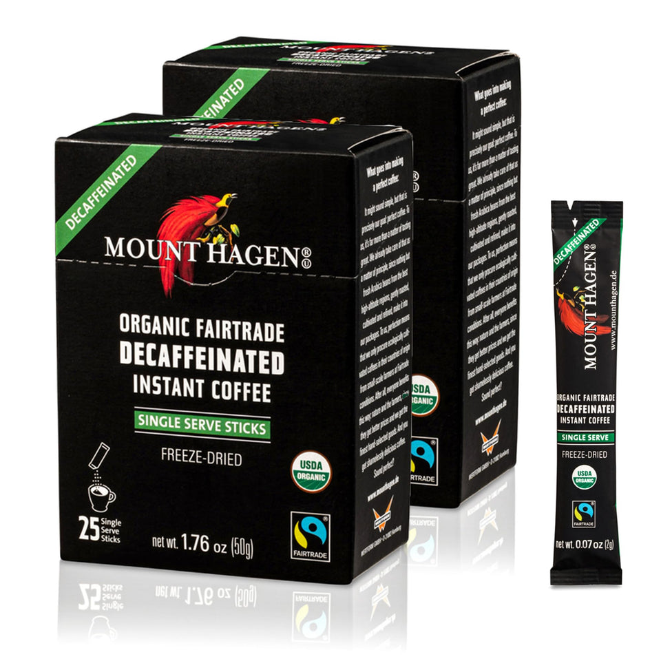 Mount Hagen instant decaf coffee packets for convenient two-pack on the go