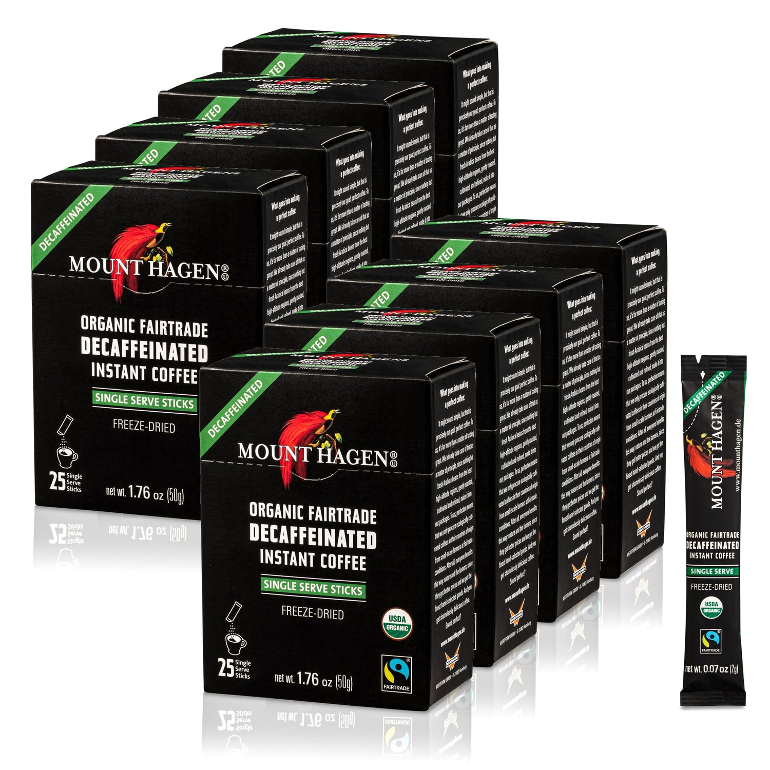 Mount Hagen instant decaf coffee stick in an 8-pack for on-the-go use