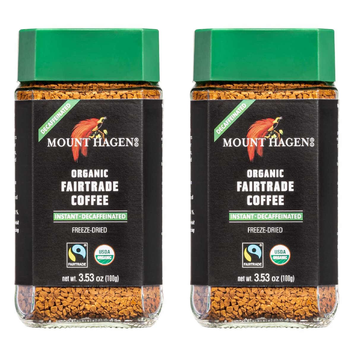Mount Hagen instant decaf two-pack jars for quick, caffeine-free coffee.