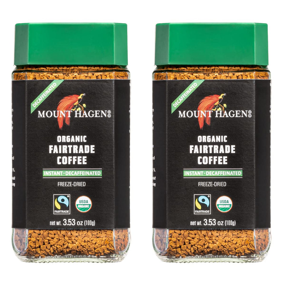 Mount Hagen instant decaf two-pack jars for quick, caffeine-free coffee.