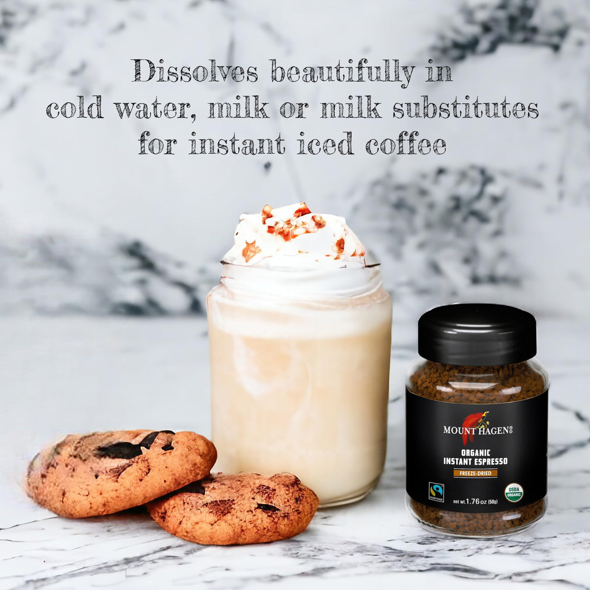 Dissolving Mount Hagen instant espresso in milk for iced coffee