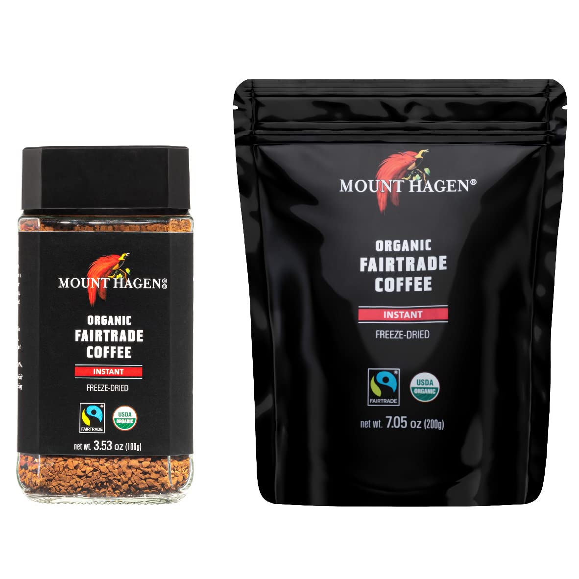Mount Hagen jar of freeze-dried instant coffee delivering smooth, quick flavor.