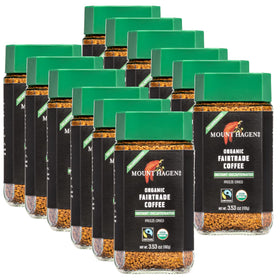 Mount Hagen organic decaf instant jar with 12-pack ready for quick, flavorful coffee.