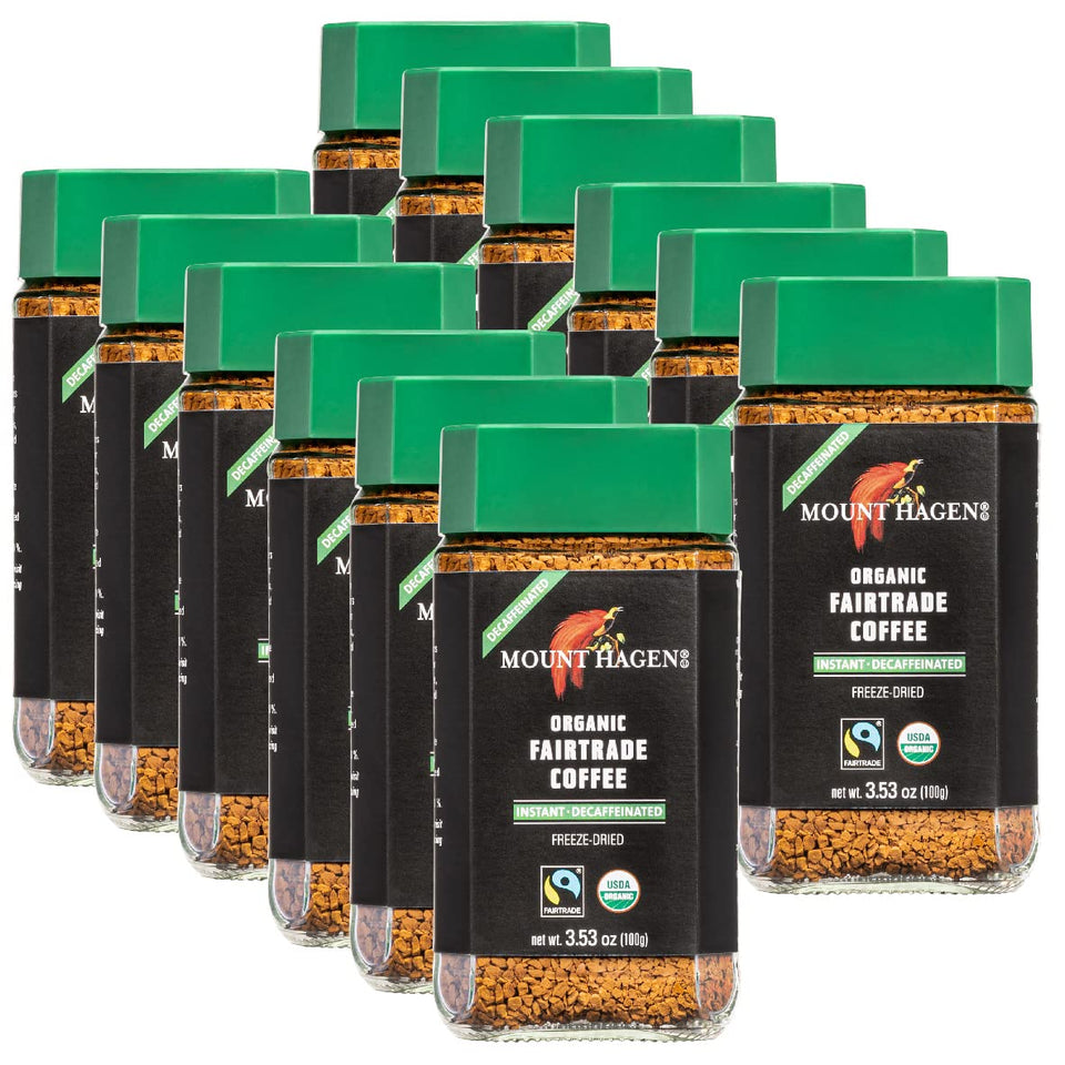Mount Hagen organic decaf instant jar with 12-pack ready for quick, flavorful coffee.