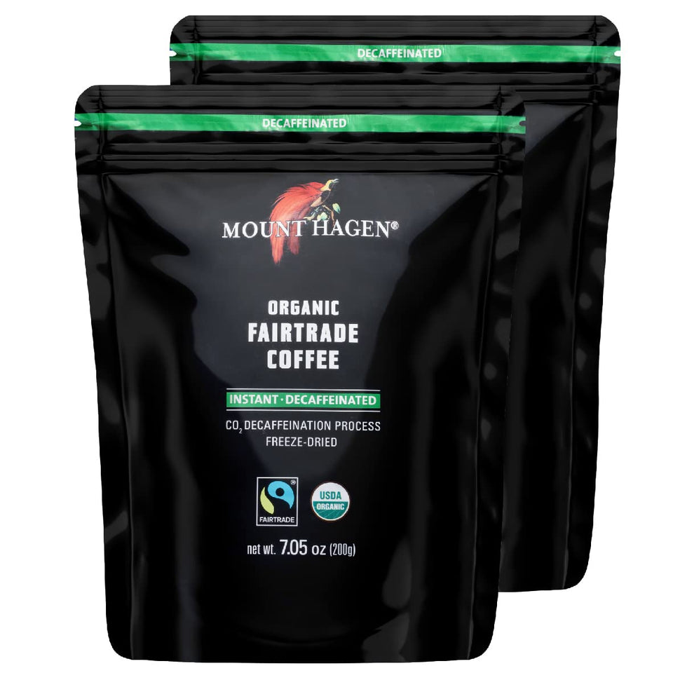 Mount Hagen organic decaf instant coffee 7oz two-pack on shelf