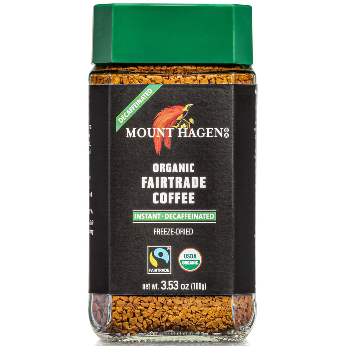 Mount Hagen Organic Decaf Instant Coffee jar front view for quick caffeine-free mornings