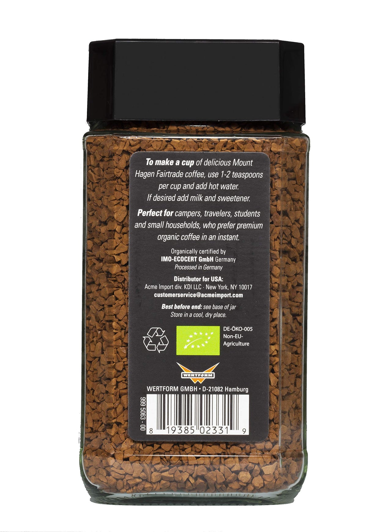 Mount Hagen organic fair-trade coffee jar—eco-friendly and travel-ready.