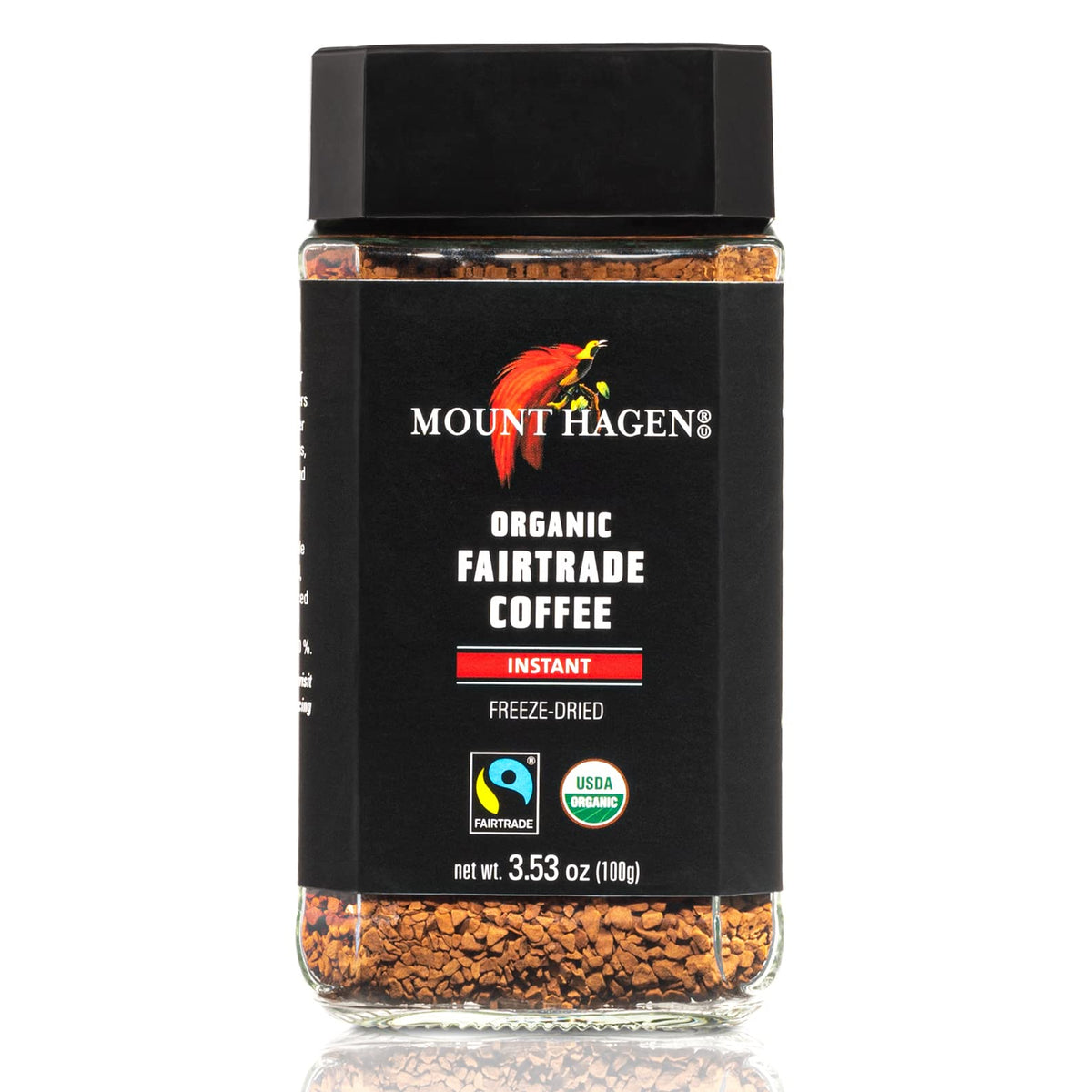 Mount Hagen organic fair-trade label on jar signaling ethical sourcing and quality.