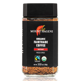 Mount Hagen organic fair-trade label on jar signaling ethical sourcing and quality.
