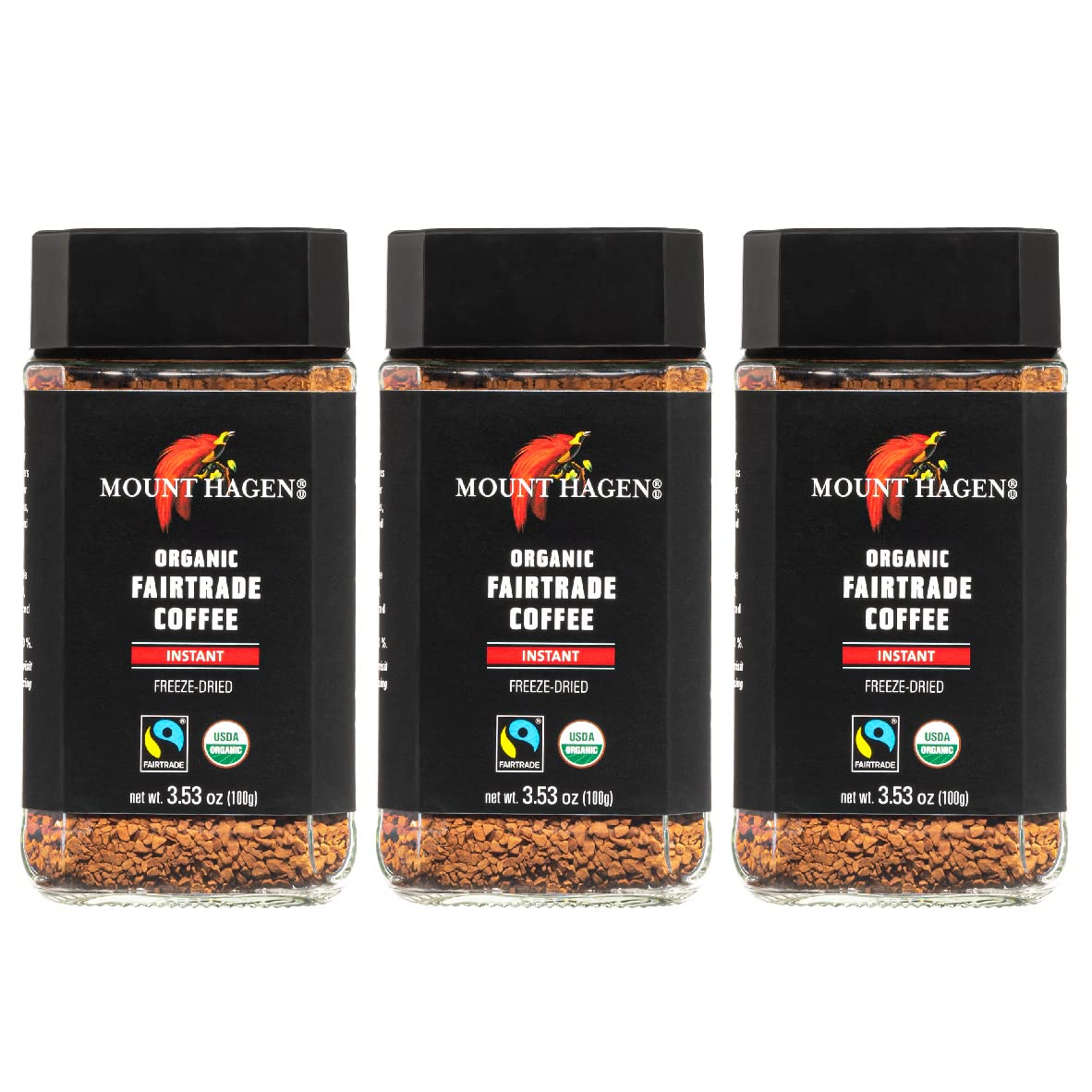 Mount Hagen organic freeze-dried instant coffee in a glass jar with rich aroma preserved.