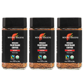 Mount Hagen organic freeze-dried instant coffee in a glass jar with rich aroma preserved.