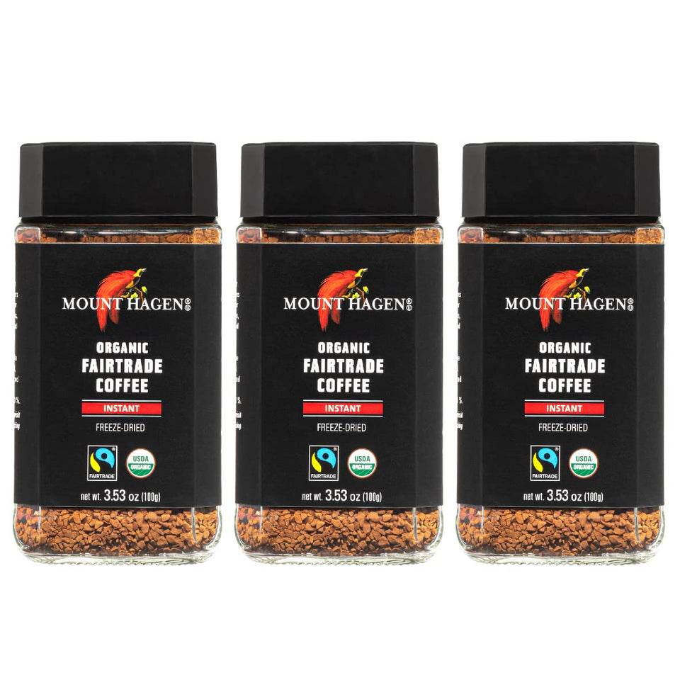 Mount Hagen organic freeze-dried instant coffee in a glass jar with rich aroma preserved.
