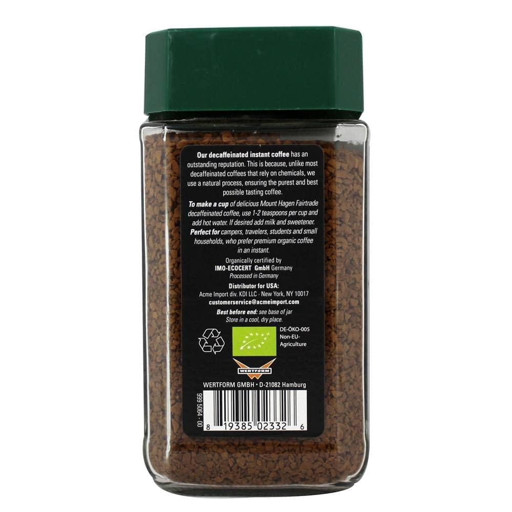 Mount Hagen organic label close-up shows USDA Organic and Fair Trade.