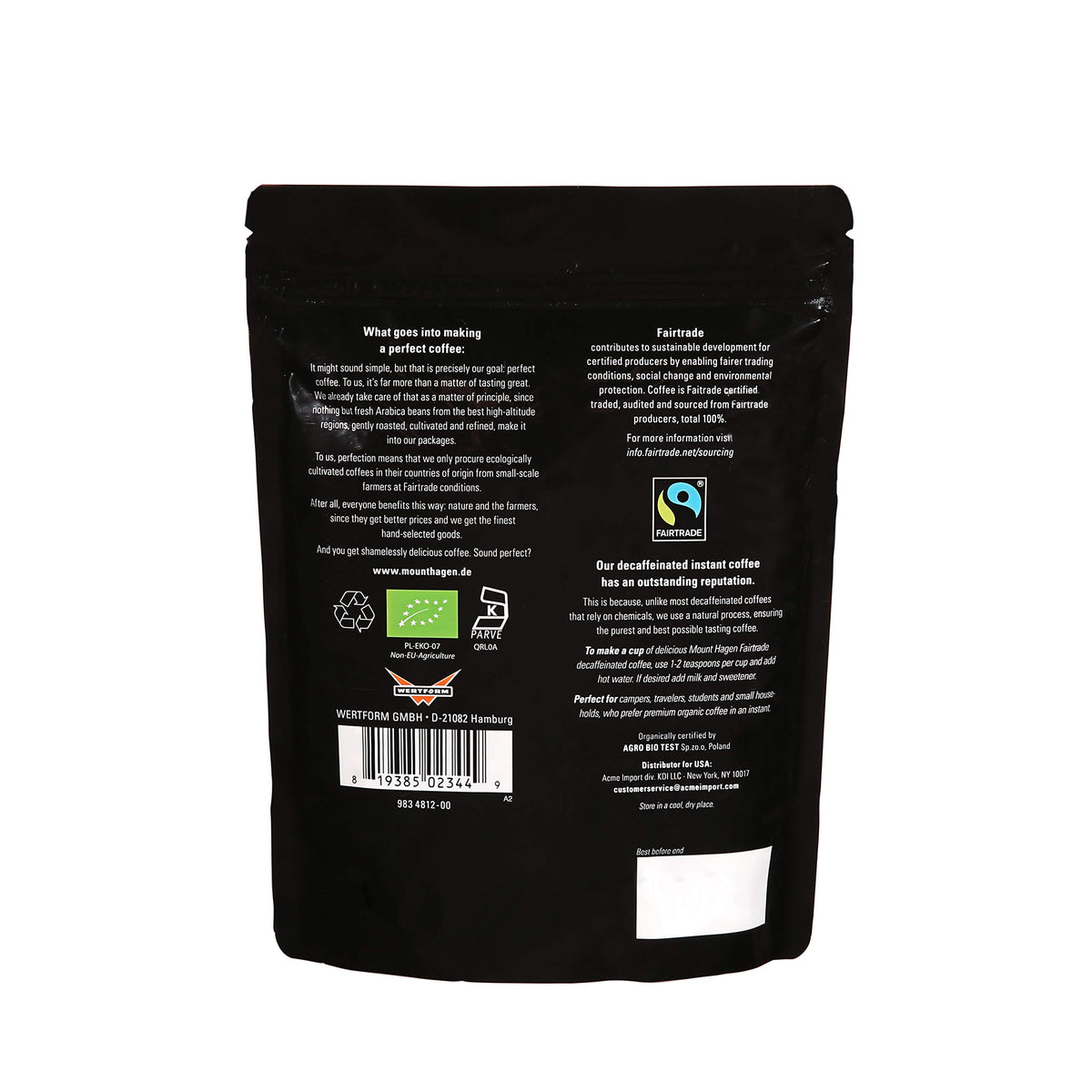 Resealable Mount Hagen decaf coffee pouch maintaining freshness