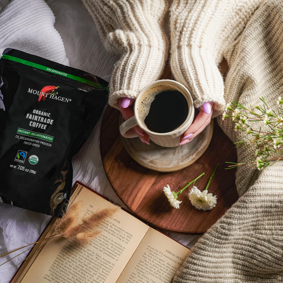 Steaming cup of Mount Hagen decaf coffee with smooth aroma
