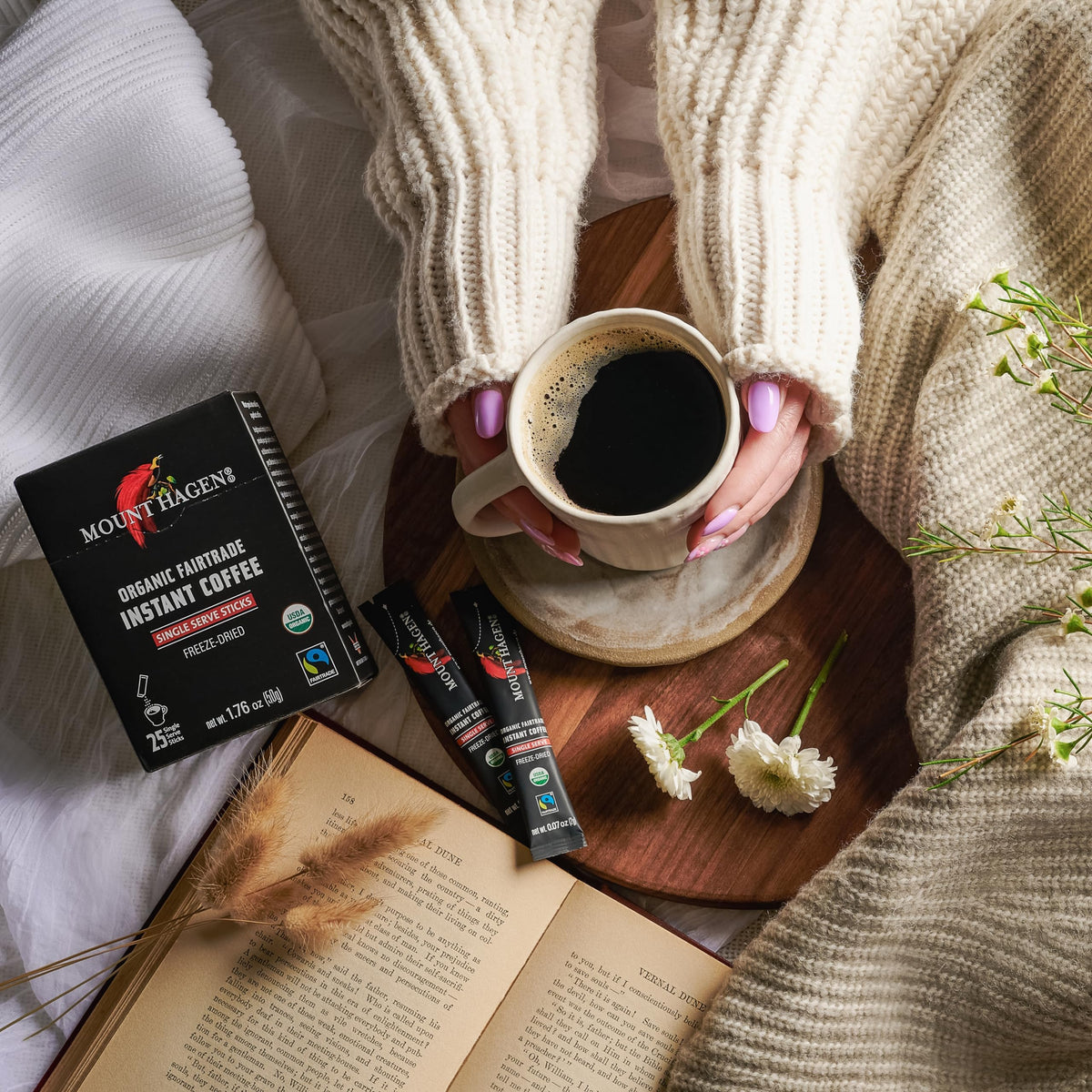 Mount Hagen brew in a steaming mug with inviting aroma and smooth taste.