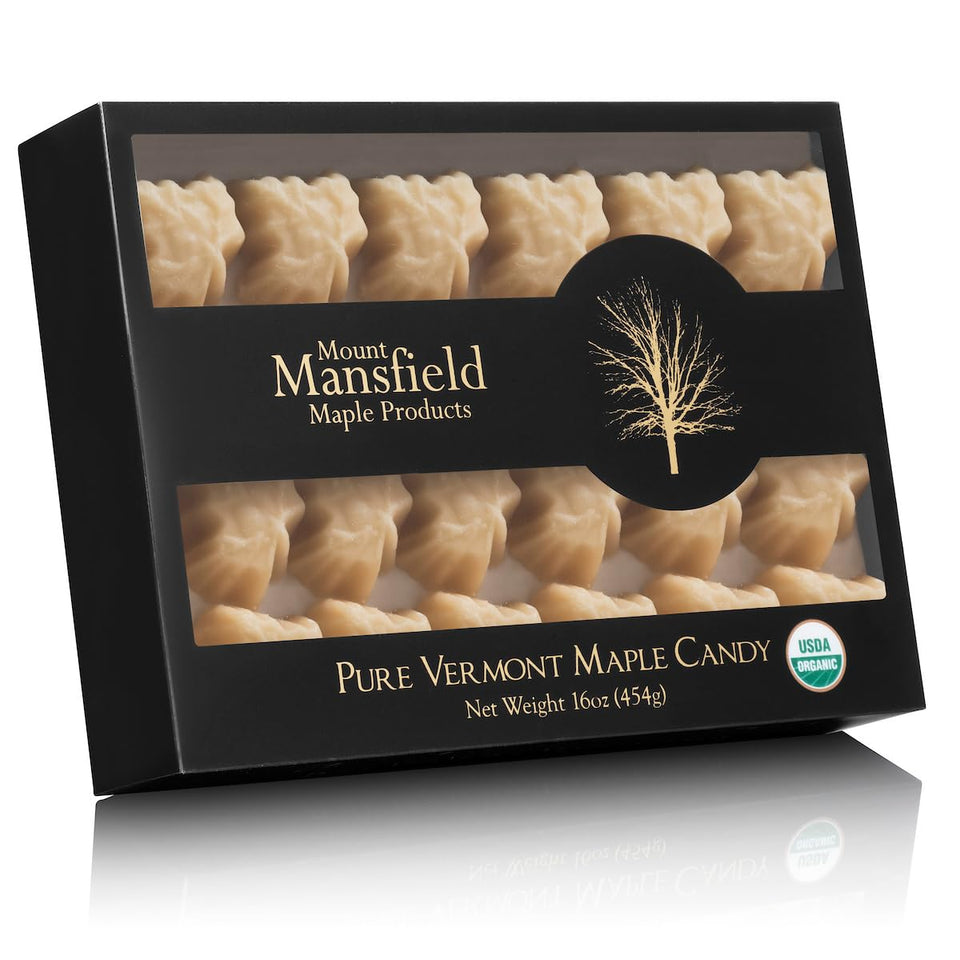 Mount Mansfield Maple candy leaf close-up with crystal coating locking in freshness