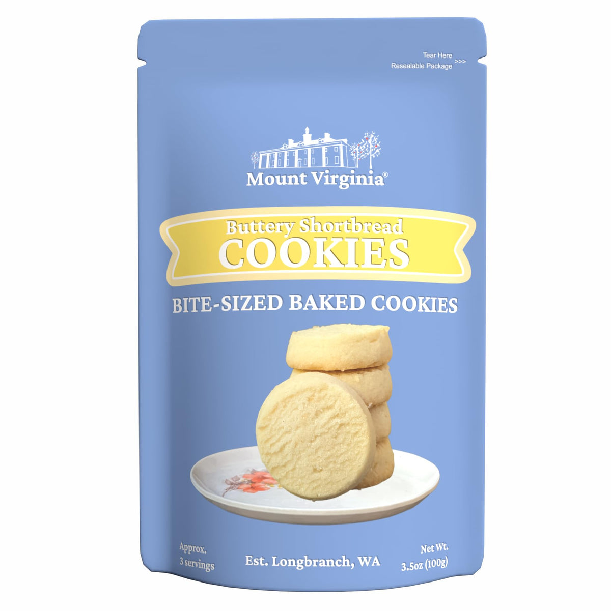 Mount Virginia buttery shortbread bag with resealable closure for freshness