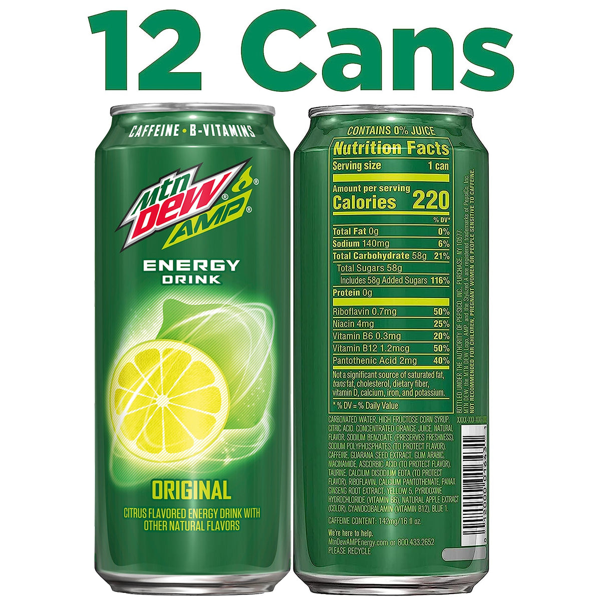 Mountain Dew AMP Energy citrus splash shows refreshing flavor and caffeine kick.