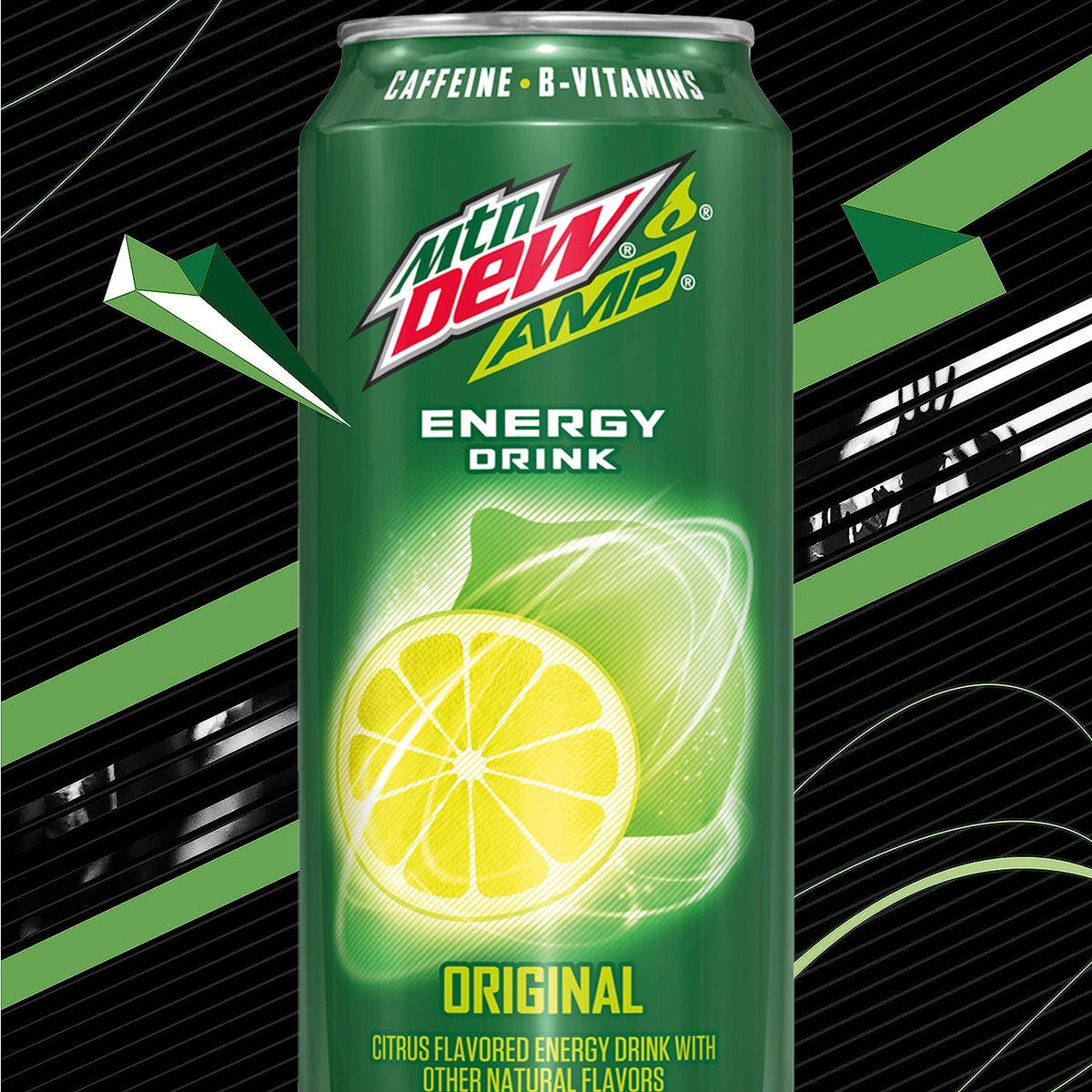 Mountain Dew AMP Energy label closeup shows design and caffeine content.