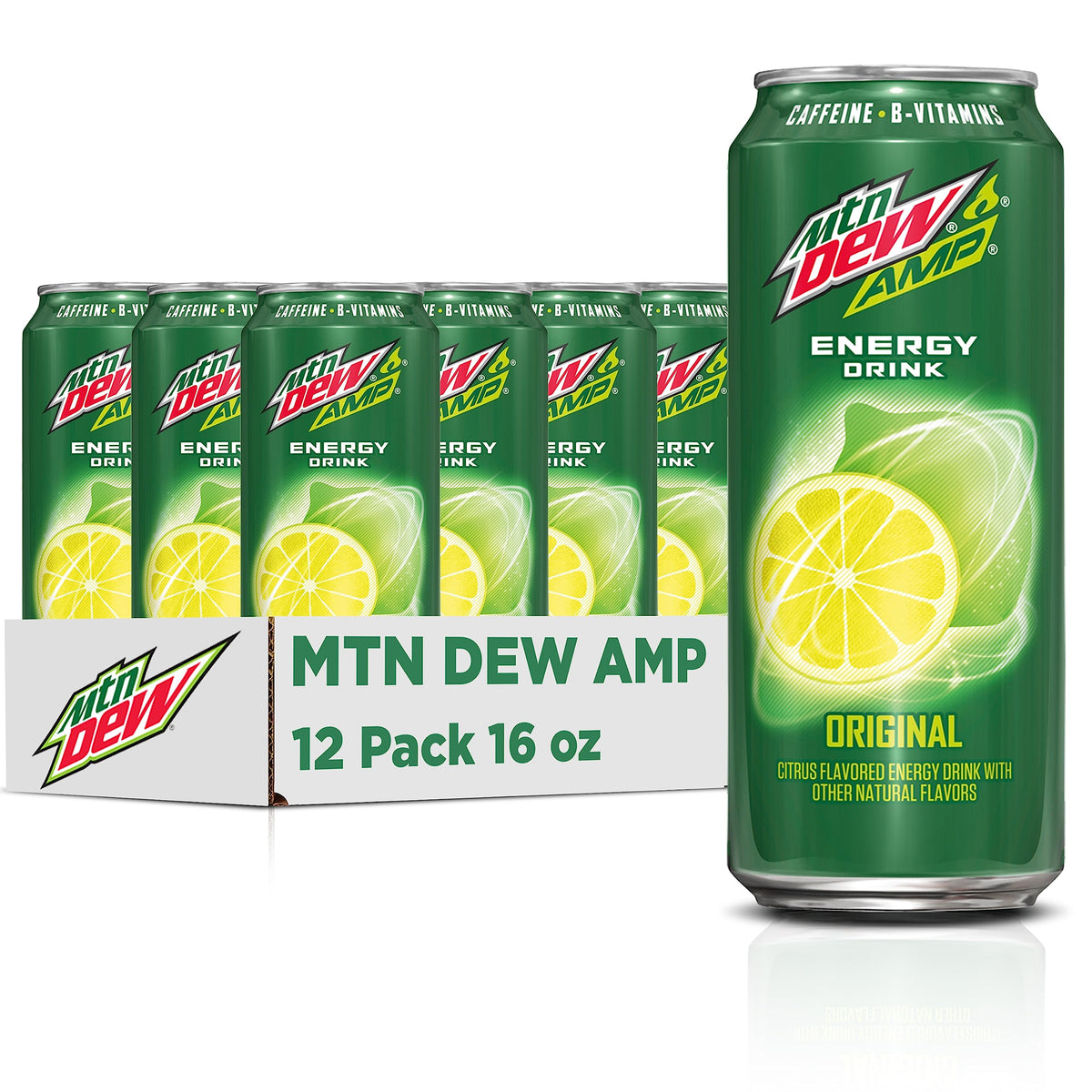 Mountain Dew AMP Energy original can highlights bold flavor and energy boost.