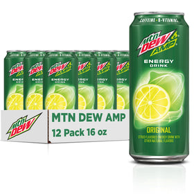 Mountain Dew AMP Energy original can highlights bold flavor and energy boost.