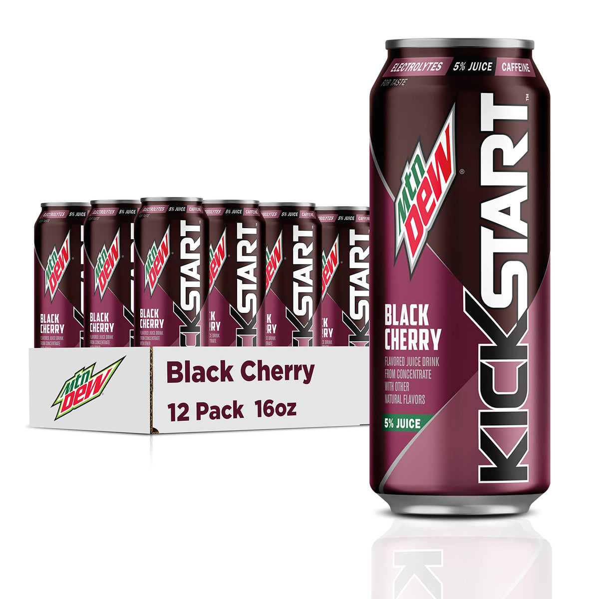 Mountain Dew Kickstart Black Cherry can showcasing bold branding for quick energy.